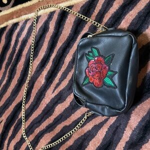 Black Leather Crossbody Bag with Floral Design